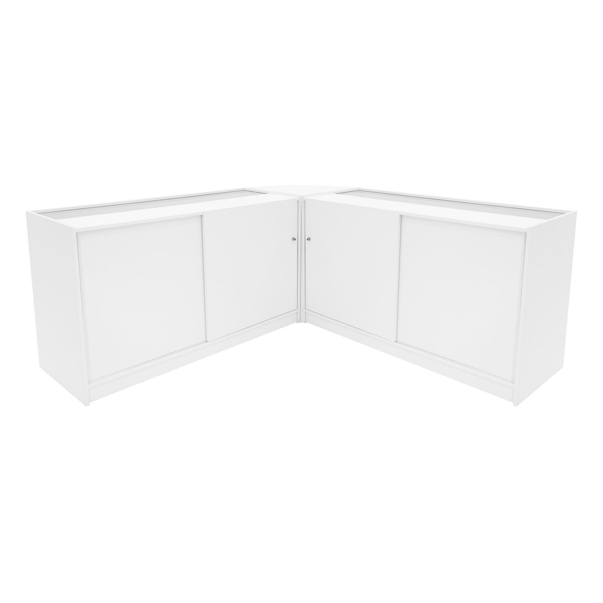 Set di banconi LED Demeter in bianco, angolari, con finitura liscia e ante scorrevoli, ideale per esposizioni moderne e luminose