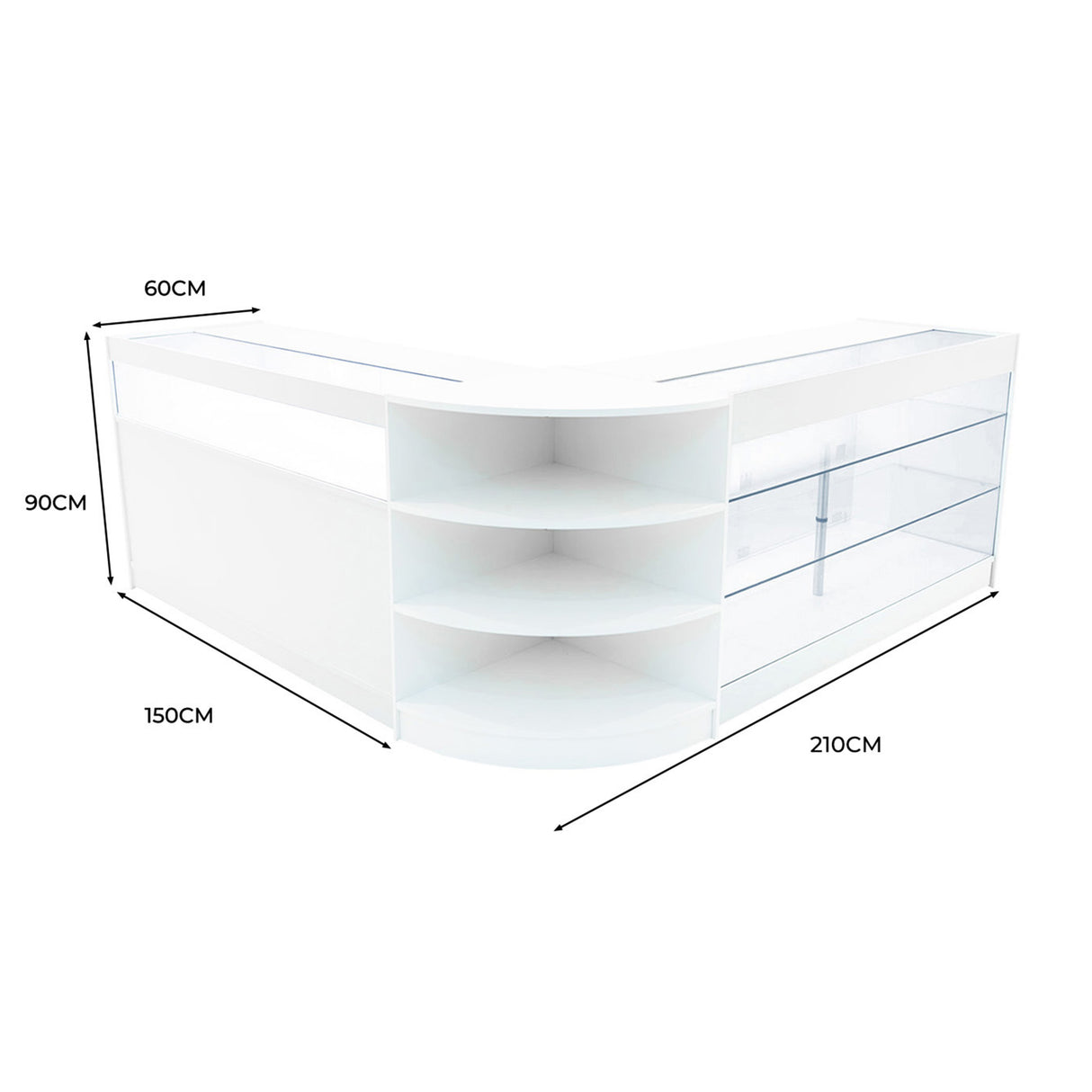 Bancone LED Demeter in bianco, design moderno con ripiani trasparenti, misure 210x150x90 cm, ideale per spazi commerciali