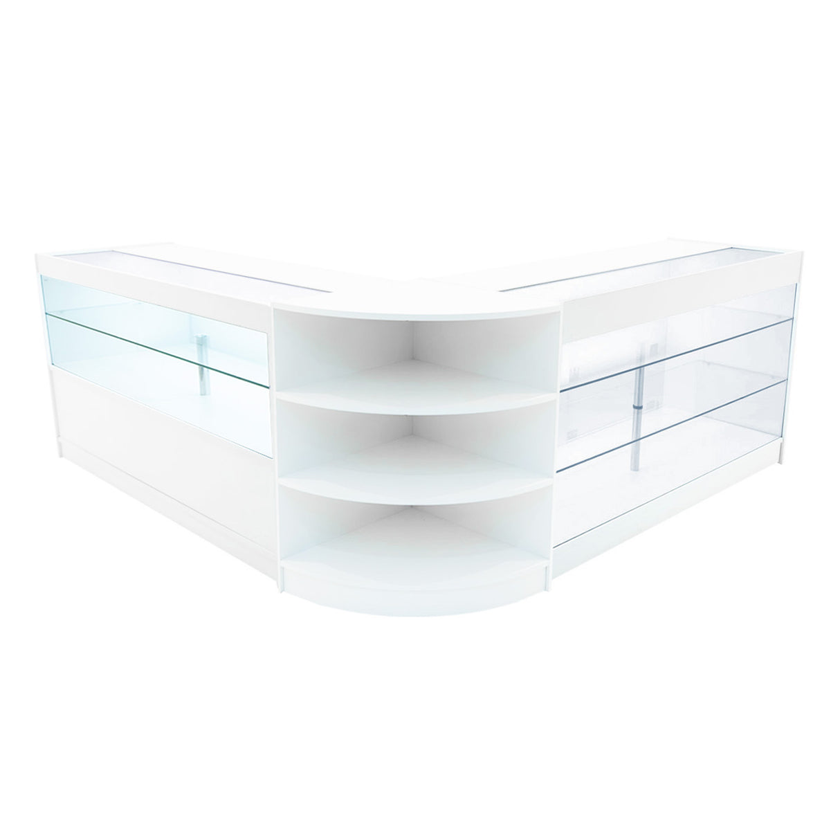 Bancone negozio Calliope in bianco, con ripiani in vetro trasparente e design angolare elegante, ideale per esposizione prodotti