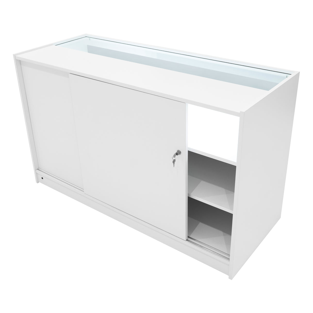 Bancone negozio Calliope LED in bianco, con ante scorrevoli, ripiani interni e vetro superiore per esposizione elegante e moderna