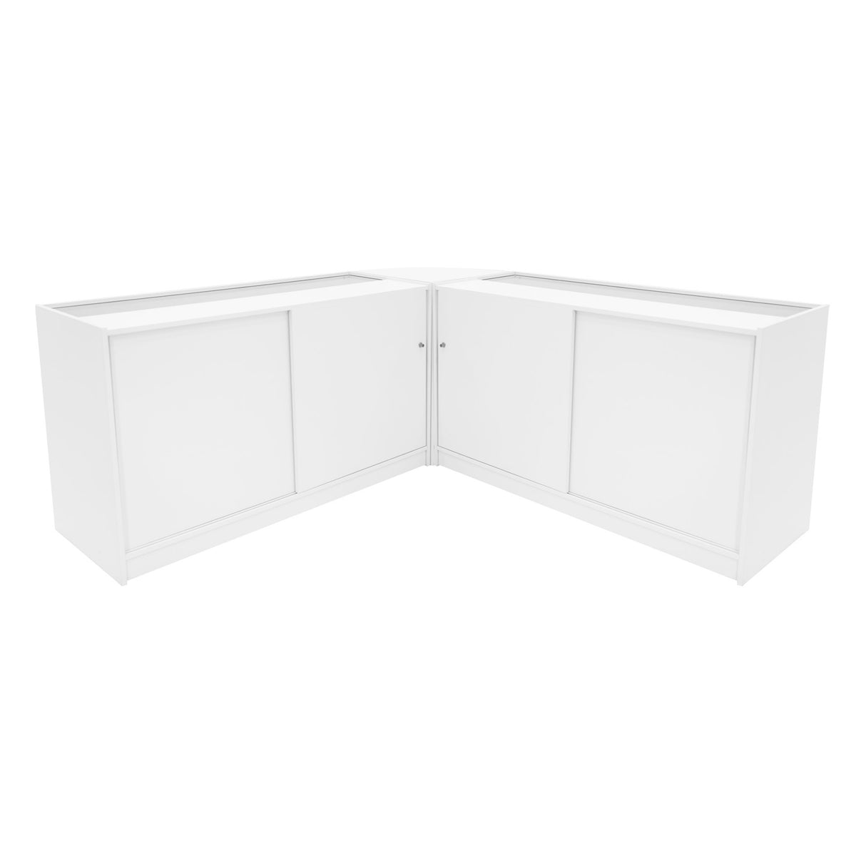 Set banconi negozio Calliope in bianco, design angolare con finitura liscia, ante scorrevoli e illuminazione LED integrata