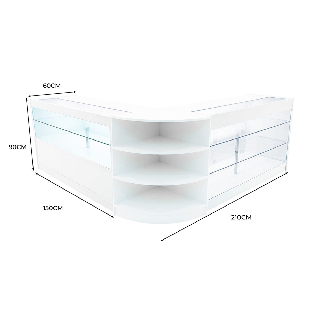 Bancone negozio Calliope LED in bianco, design moderno con ripiani in vetro, misure 210x150x90 cm, ideale per esposizione prodotti