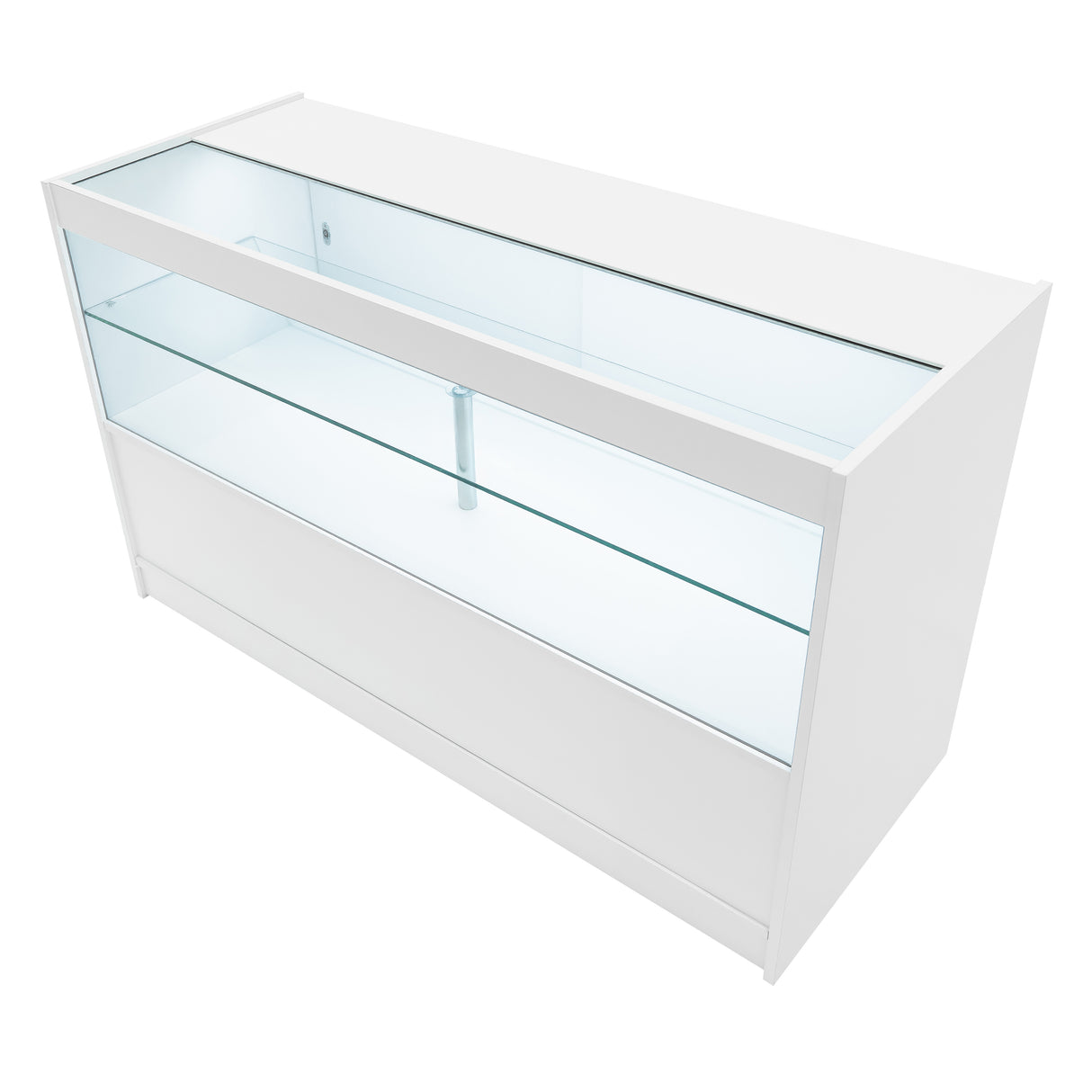 Bancone negozio Calliope LED K1500, C1500 e LM60, design moderno, finitura bianca lucida, ripiani in vetro trasparente, elegante e funzionale