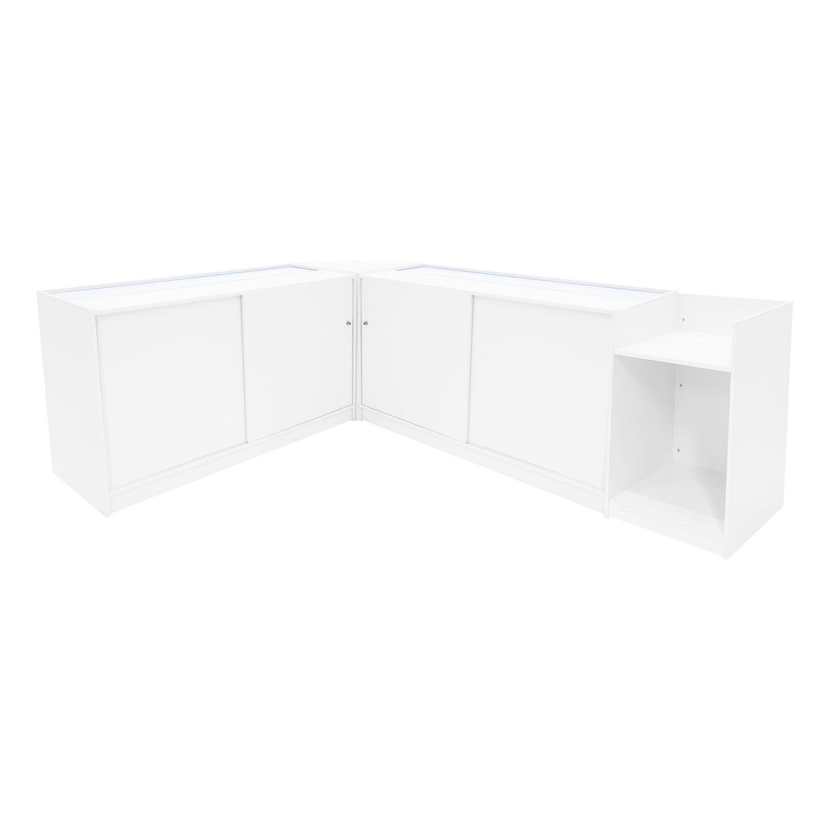 Set banconi negozio Luna LED bianco, angolare, con finitura lucida, ante scorrevoli e ripiani, ideale per esposizione prodotti
