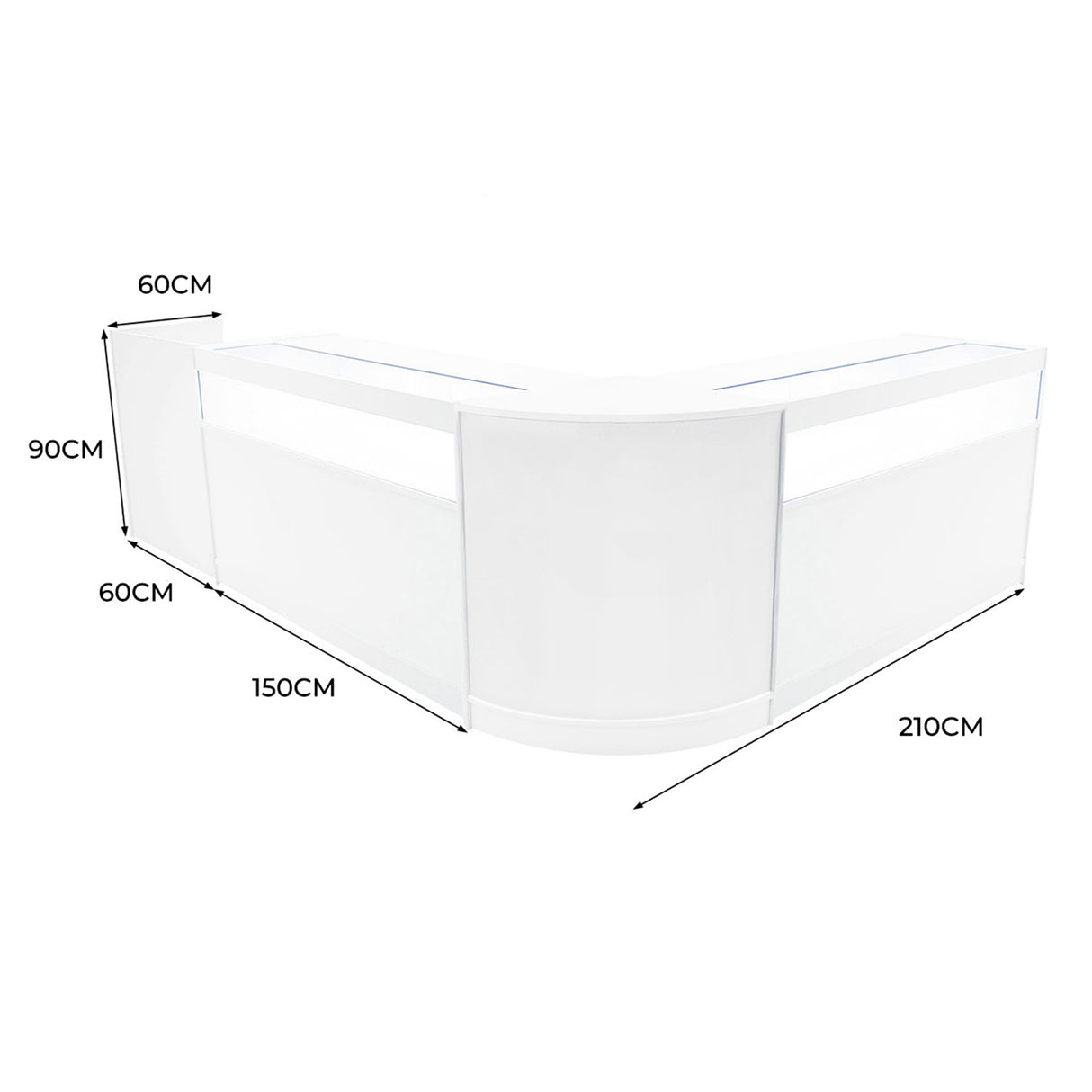 Set banconi negozio Luna LED bianco, design elegante con angoli arrotondati, dimensioni 60x60x90 cm e 150x210 cm, superficie liscia e moderna
