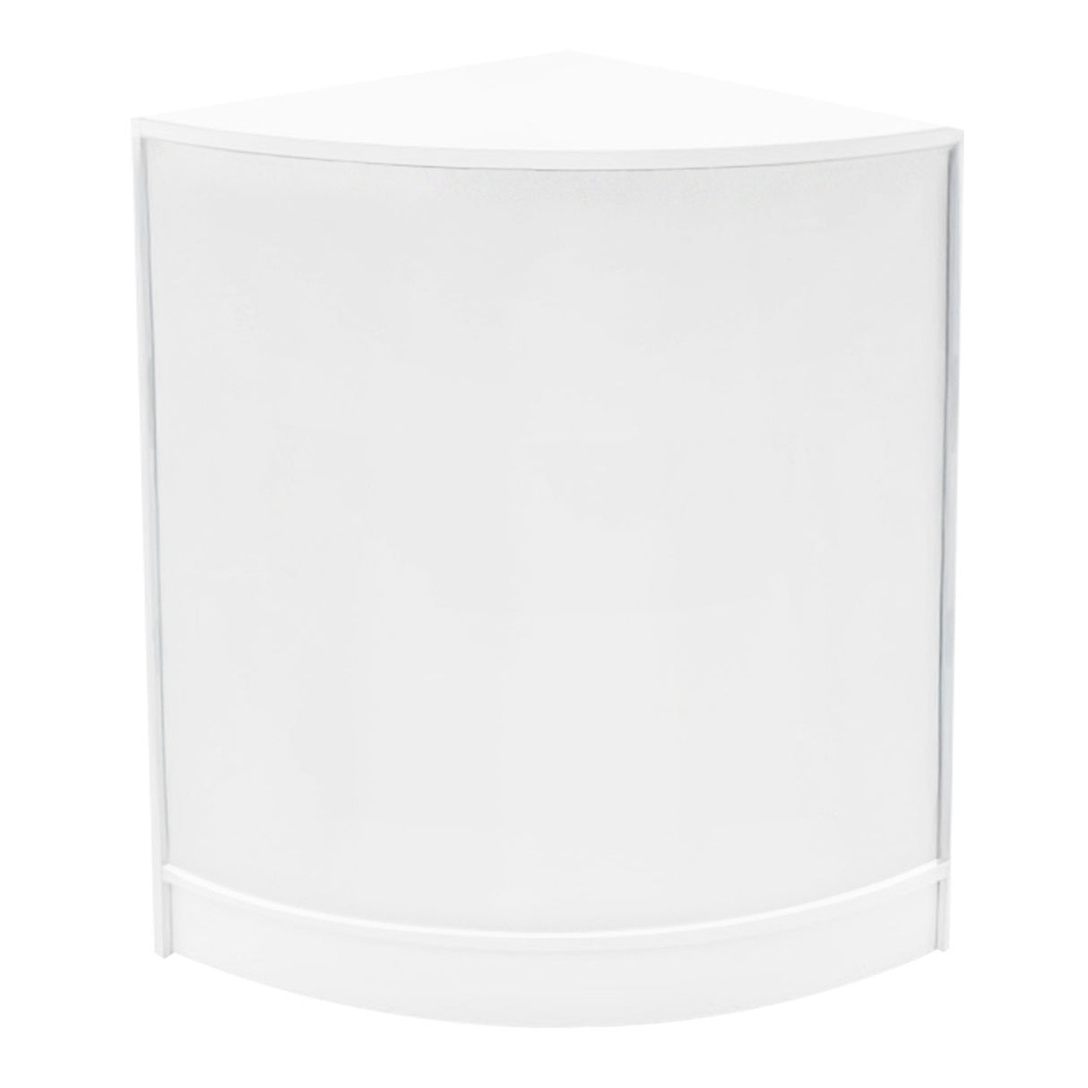 Bancone negozio angolare bianco con finitura liscia, design moderno e illuminazione LED, ideale per esposizione prodotti