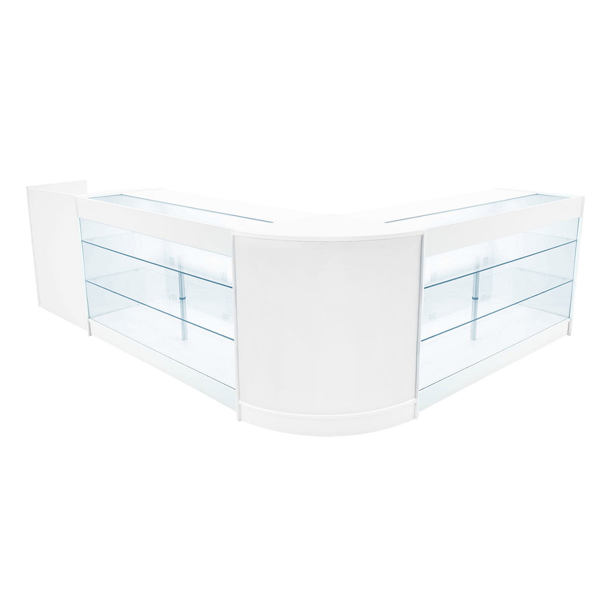 Set banconi LED Aries in bianco, con ripiani in vetro trasparente, design moderno e angolare, ideale per esposizione e vendita