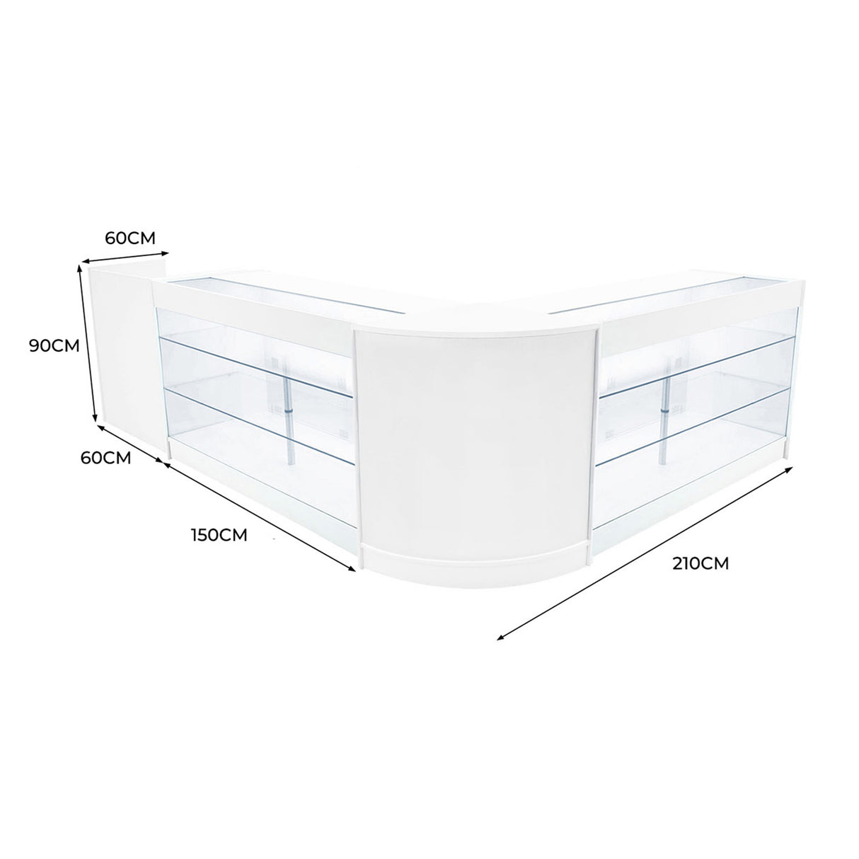 Set banconi LED Aries in bianco, con ripiani trasparenti, design moderno e angolare, misure 210x90x60 cm, ideale per esposizione