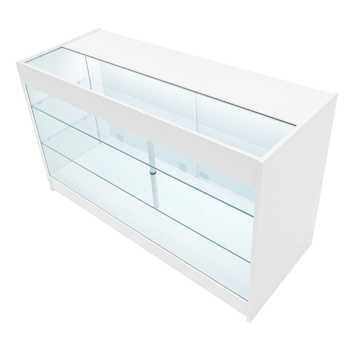 Bancone LED bianco con ripiani in vetro trasparente, design moderno e linee pulite, ideale per esposizione e vendita di prodotti