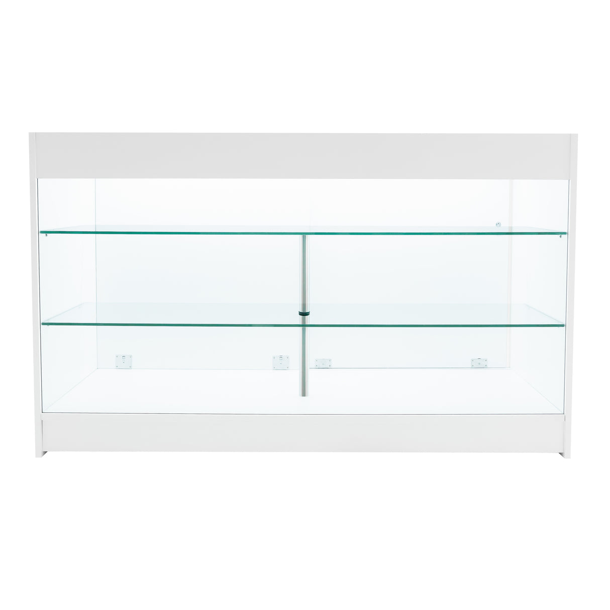 Set banconi LED Aries in bianco, con ripiani in vetro trasparente e struttura elegante, ideale per esposizione e arredamento moderno
