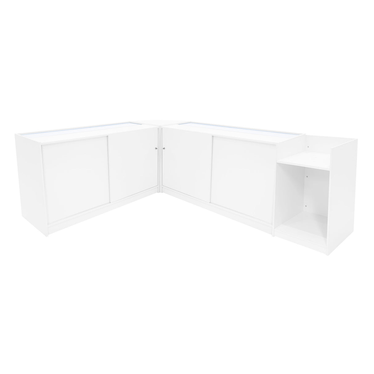 Set di banconi angolari Gravity LED in bianco, con finitura liscia, ante scorrevoli e spazi di stoccaggio funzionali