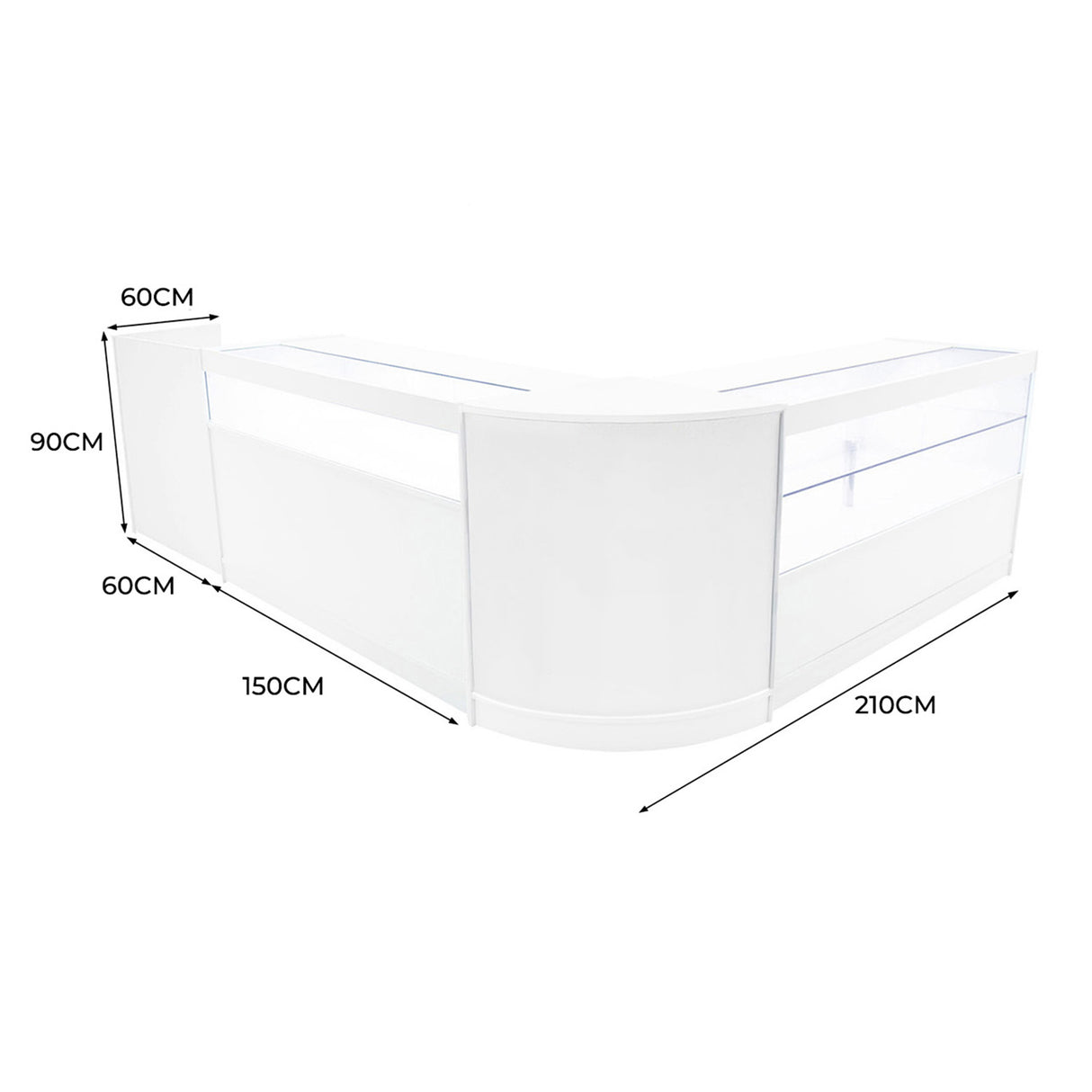 Set di banconi Gravity LED in bianco, con design curvo, dimensioni 210x150x90 cm, superficie liscia e trasparente, ideale per esposizioni
