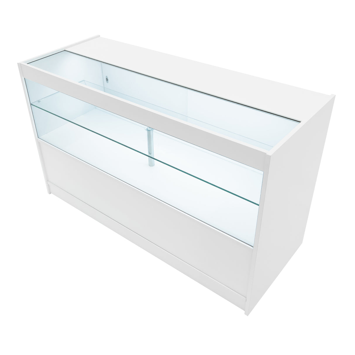 Bancone bianco moderno con ripiani in vetro trasparente, design elegante e linee pulite, ideale per esposizione e vendita