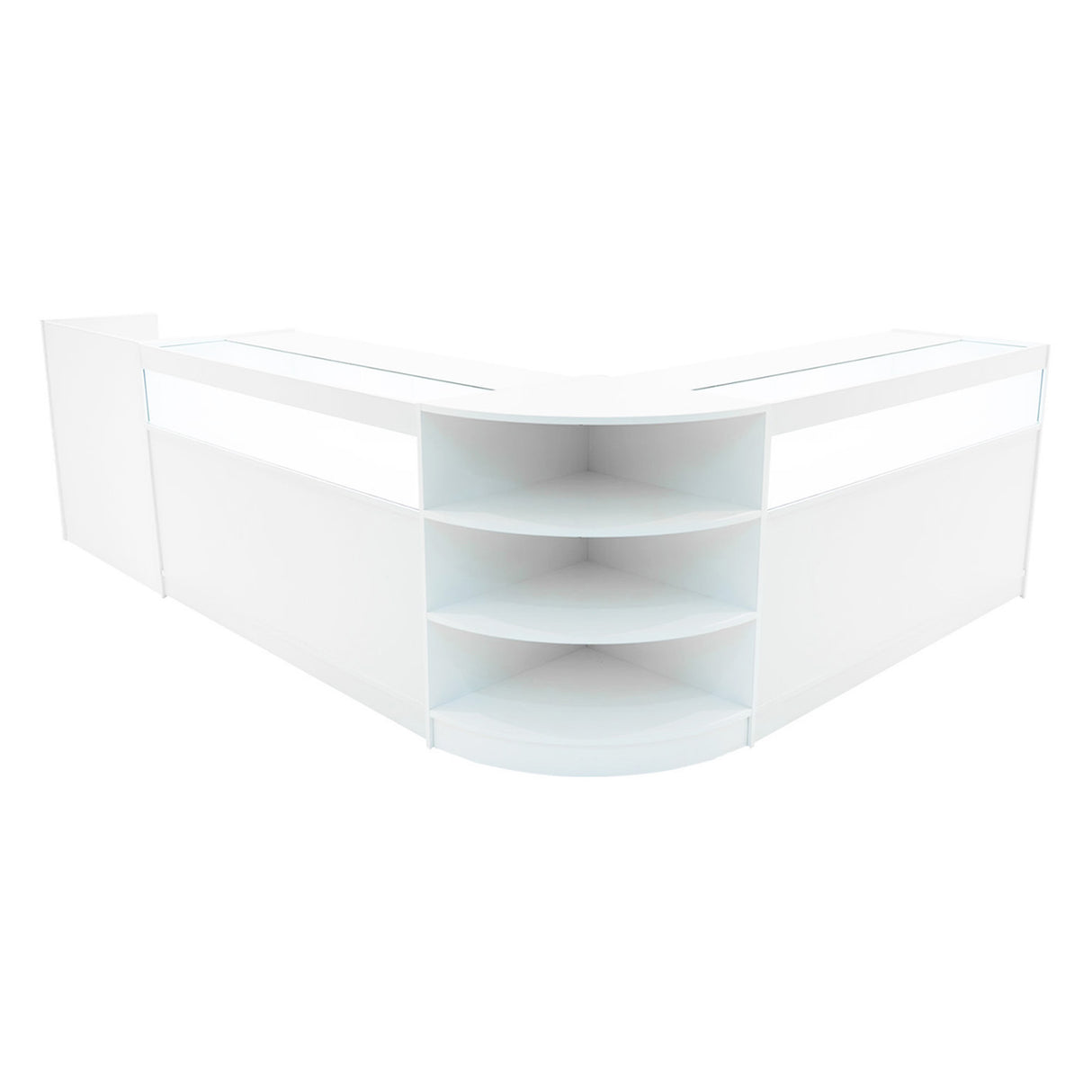 Set di banconi LED bianchi con design angolare, dotati di ripiani curvi e spazi aperti per esposizione e archiviazione