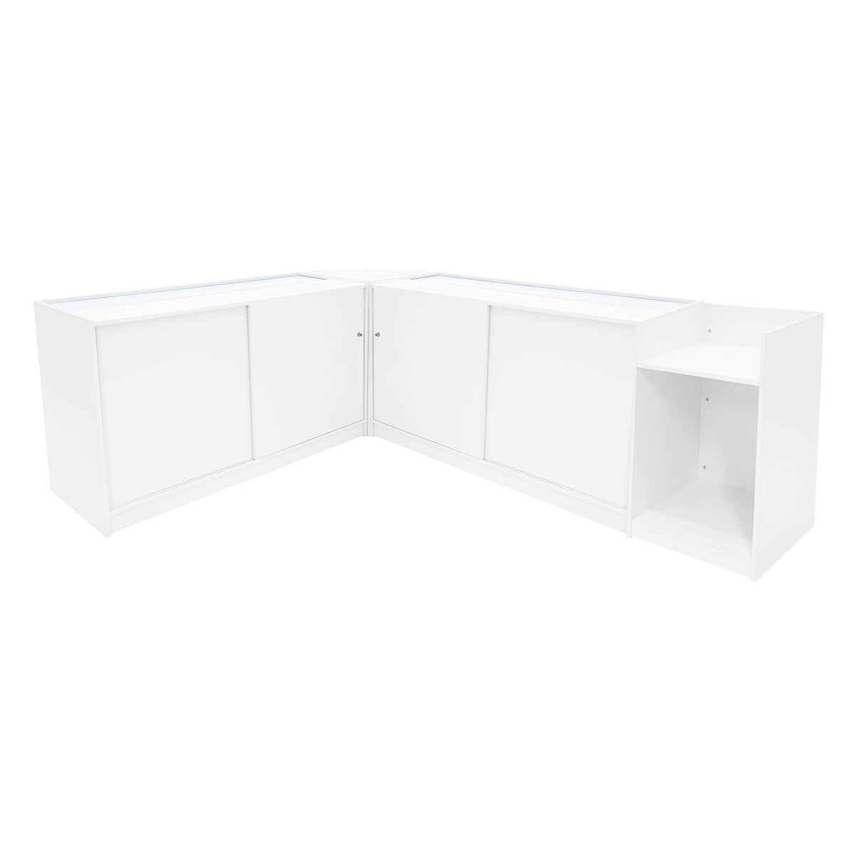 Set banconi angolari LED bianco, composto da LM60, TB60 e 2 x B1500, con finitura liscia e moderna, ideale per esposizione prodotti