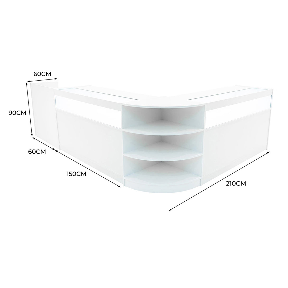 Set banconi LED bianco con angolo, misure 60x90 cm e 150x210 cm, superfici lisce e moderne, adatto per negozi e eventi