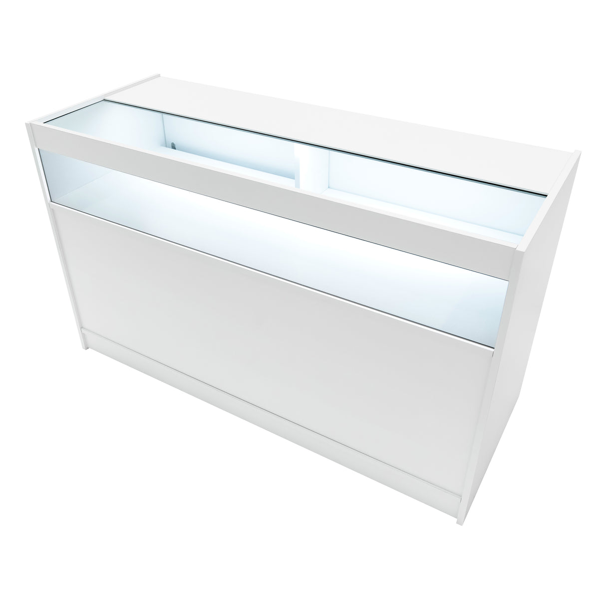 Set banconi LED Sagittarius in bianco, design moderno con superficie liscia e illuminazione interna, ideale per esposizione prodotti