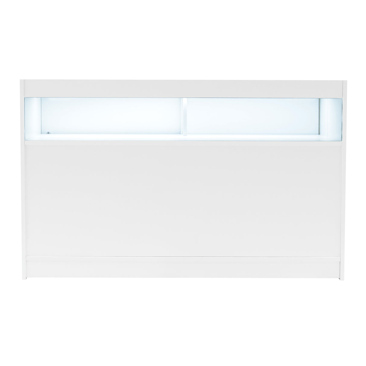 Set di banconi LED bianchi con finitura liscia, dotati di luci integrate per un'illuminazione elegante e moderna, ideale per spazi commerciali