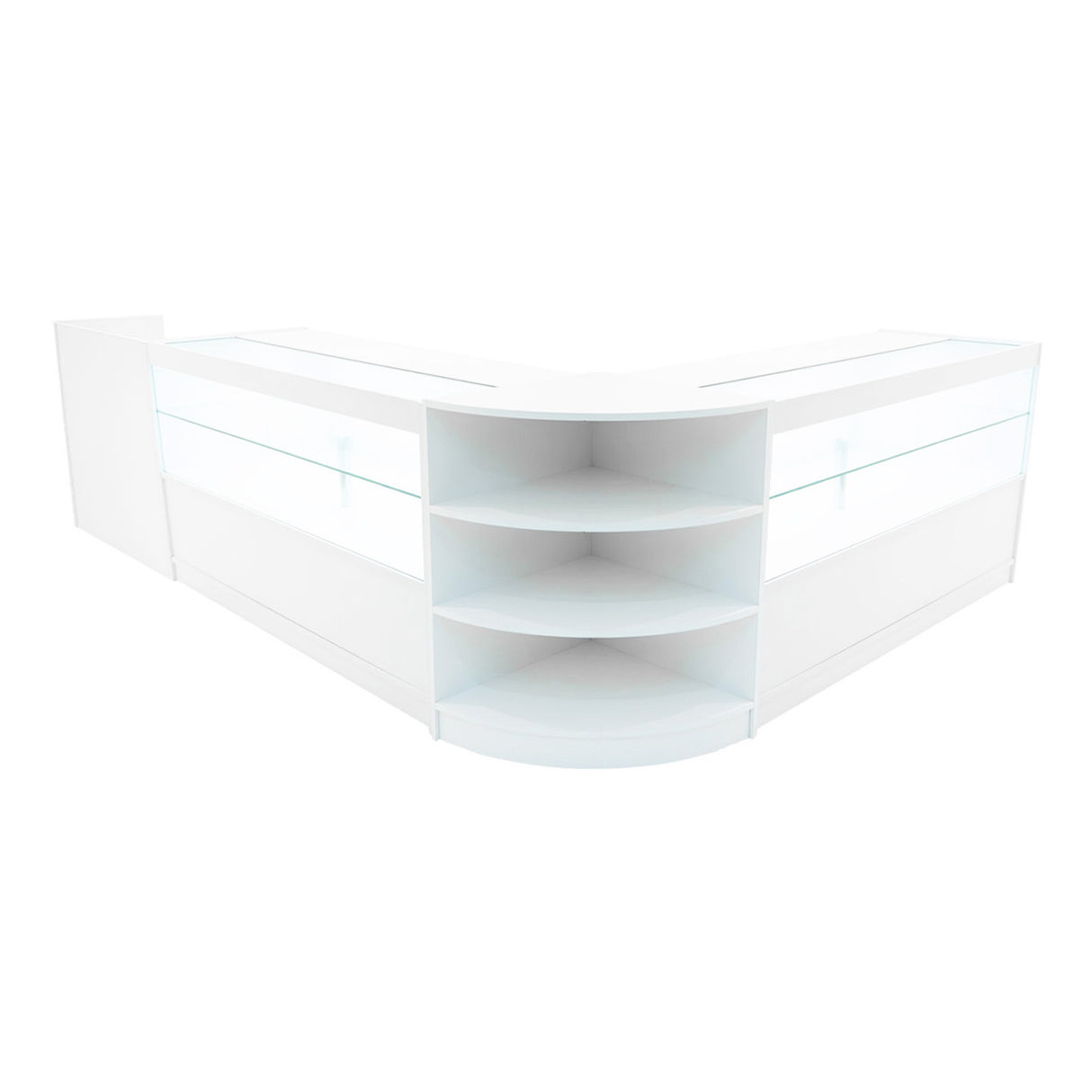 Set banconi angolari bianchi con illuminazione LED, design moderno e superfici lisce, adatto per spazi commerciali eleganti