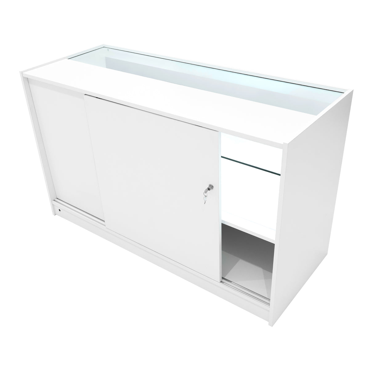 Bancone bianco con illuminazione LED, design moderno, ante scorrevoli e ripiani in vetro, ideale per esposizioni eleganti