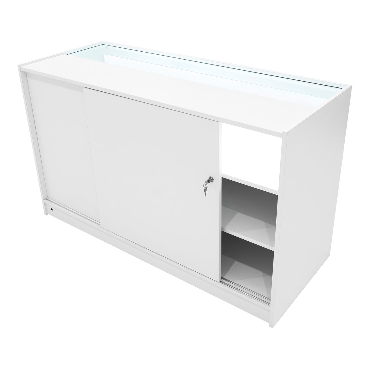 Bancone LED bianco con ante scorrevoli, ripiani interni e illuminazione superiore, ideale per negozi e esposizioni moderne