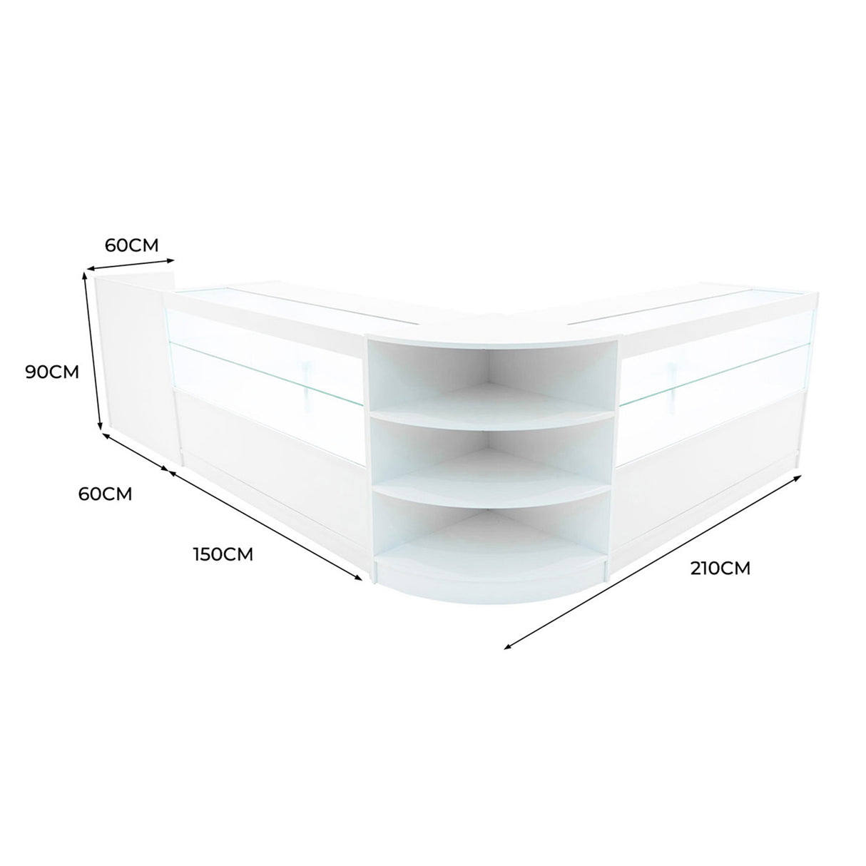 Set banconi angolari bianchi con illuminazione LED, design moderno, dimensioni 210x150x90 cm, ripiani e vetro trasparente