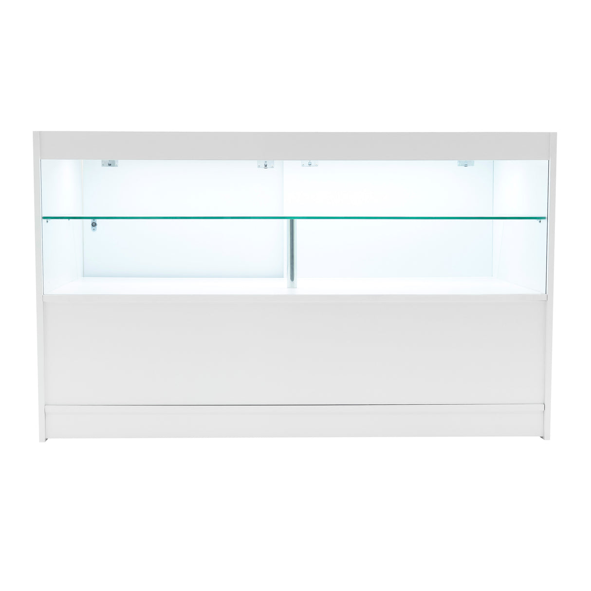 Bancone bianco con illuminazione LED, ripiani in vetro trasparente, design moderno e linee pulite, ideale per esposizione prodotti