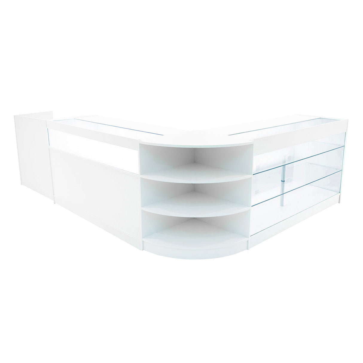 Set banconi bianchi con illuminazione LED, design moderno e linee pulite, ripiani trasparenti e finitura lucida per un aspetto elegante