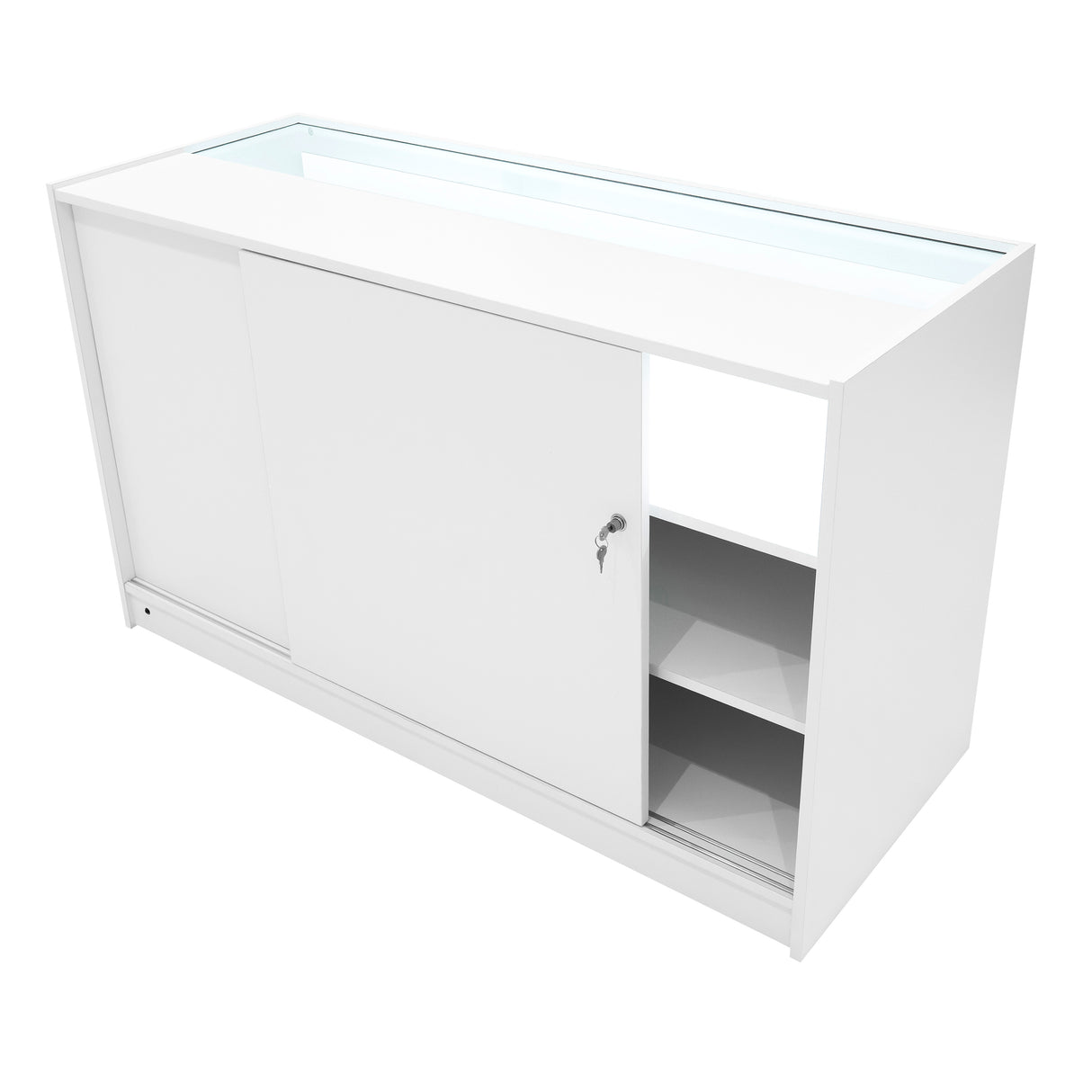 Bancone bianco con illuminazione LED, design moderno, ante scorrevoli, ripiani interni, superficie liscia e lucida, ideale per spazi commerciali