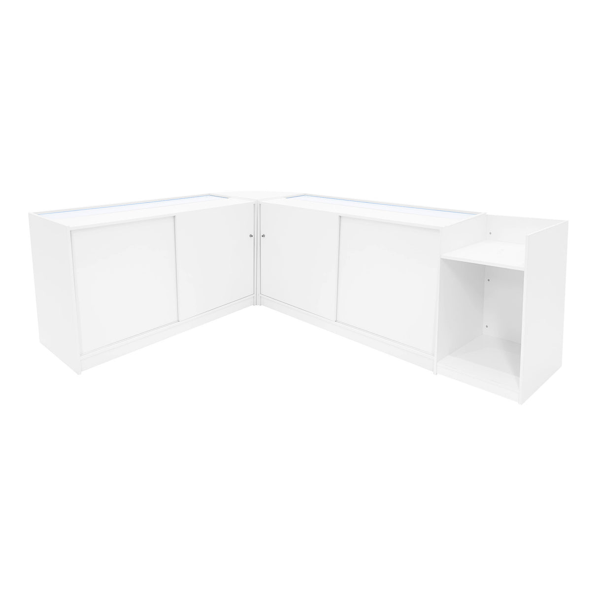 Set di banconi angolari bianchi con illuminazione LED, materiali lucidi e finiture moderne, perfetti per spazi commerciali eleganti