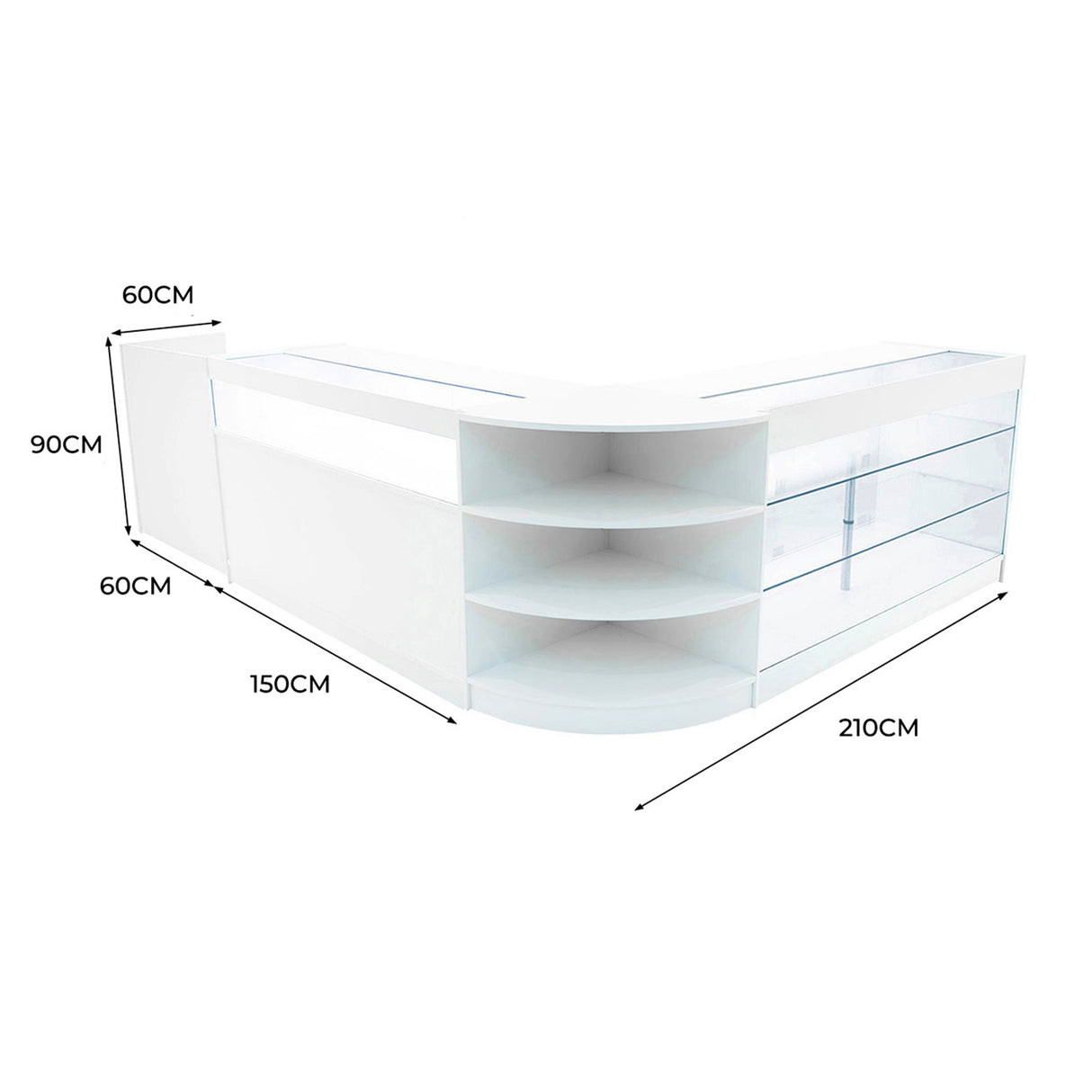 Set banconi bianchi con illuminazione LED, design moderno, angolare, misure 210x150x90 cm, con ripiani trasparenti e finitura lucida