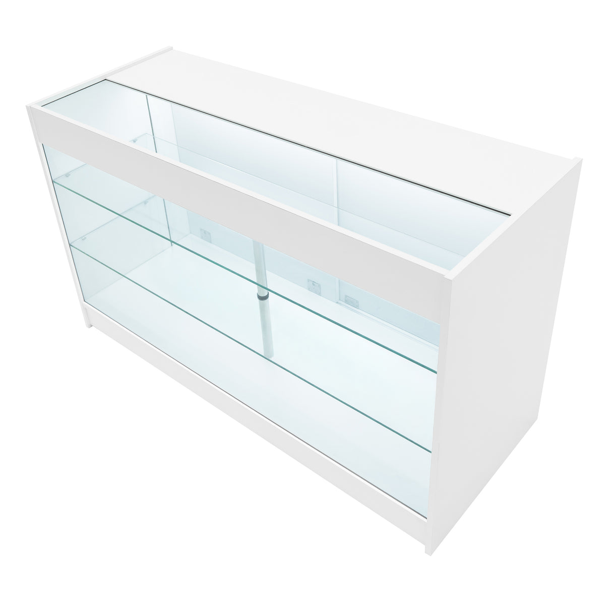 Bancone bianco con illuminazione LED, ripiani in vetro trasparente, design moderno e linee pulite, ideale per esposizione prodotti