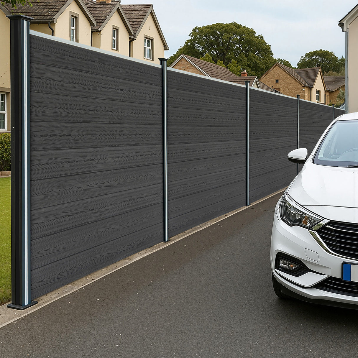 Pannelli Recinzione x4, Elemento Angolare e 5 Pali LED - Grigio