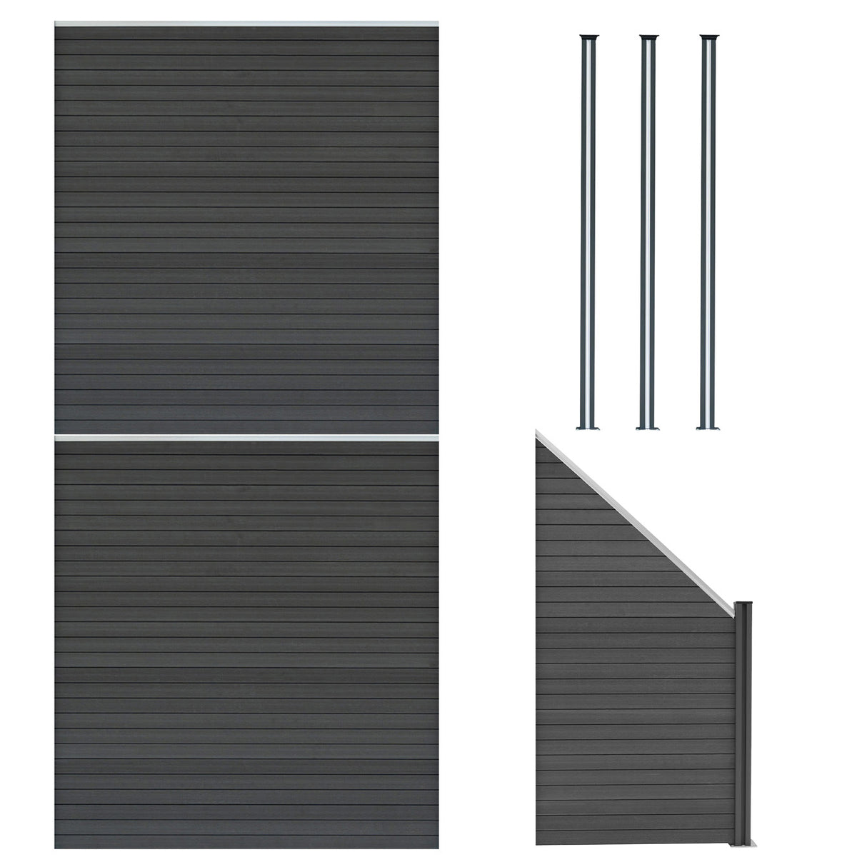 Pannelli recinzione grigi con texture a strisce, elemento angolare e tre pali LED, ideali per delimitare spazi esterni con stile