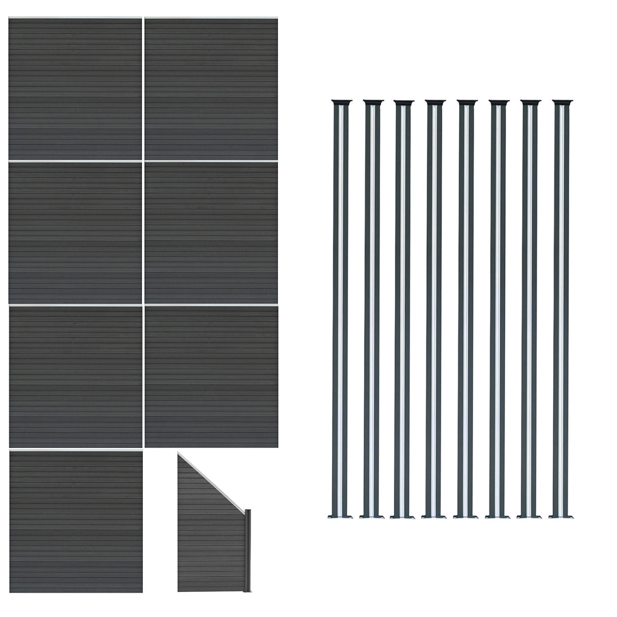 Set di 7 pannelli grigi per recinzione, elemento angolare e 8 pali LED, con superficie liscia e texture lineare elegante