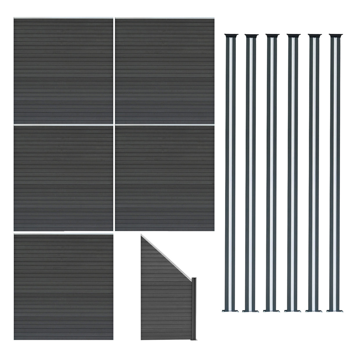 Pannelli recinzione grigi in materiale composito, angolo e sei pali LED, design moderno e linee pulite per esterni eleganti