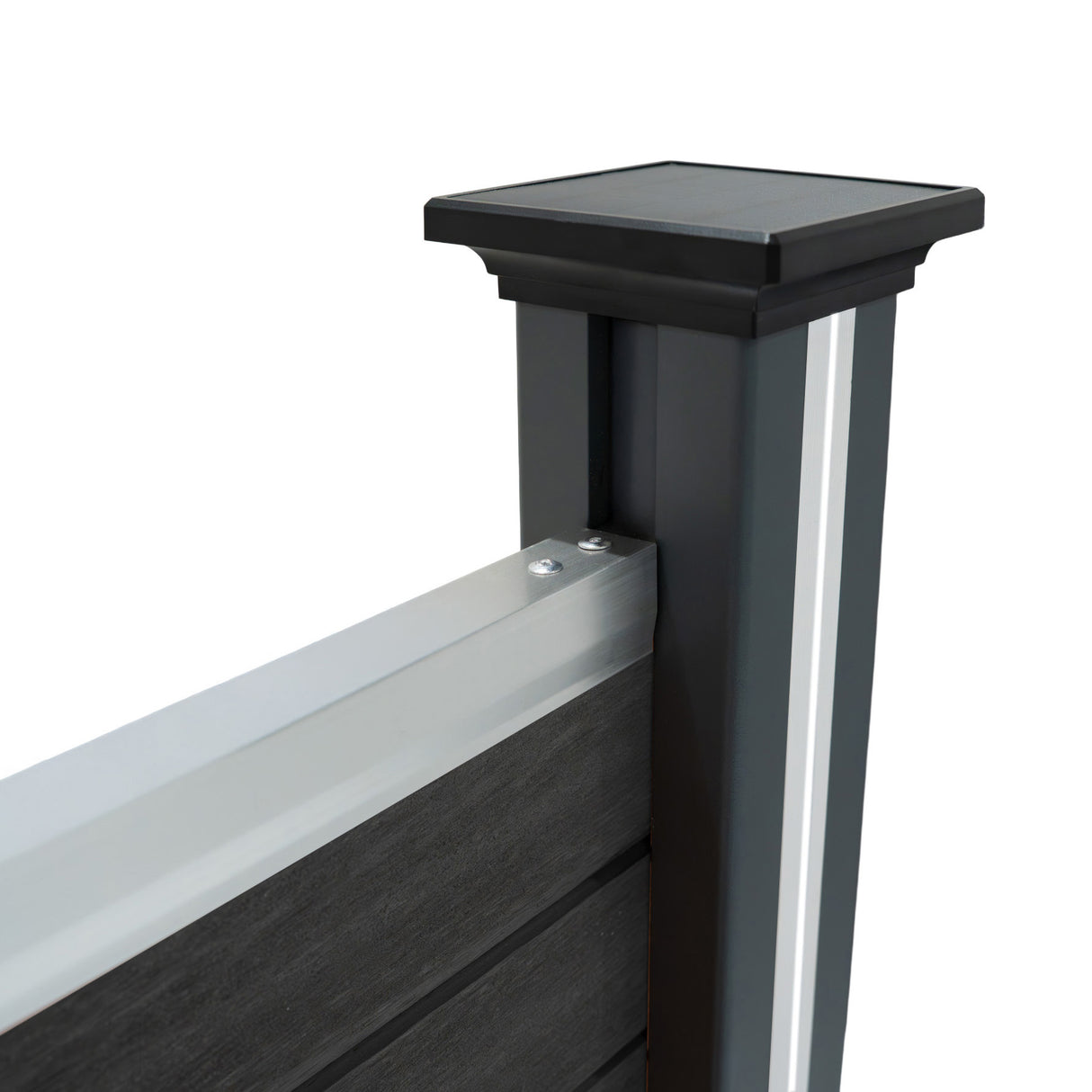 Pannello recinzione grigio con angolo e pali LED, struttura in alluminio, superficie liscia e finitura elegante, ideale per esterni