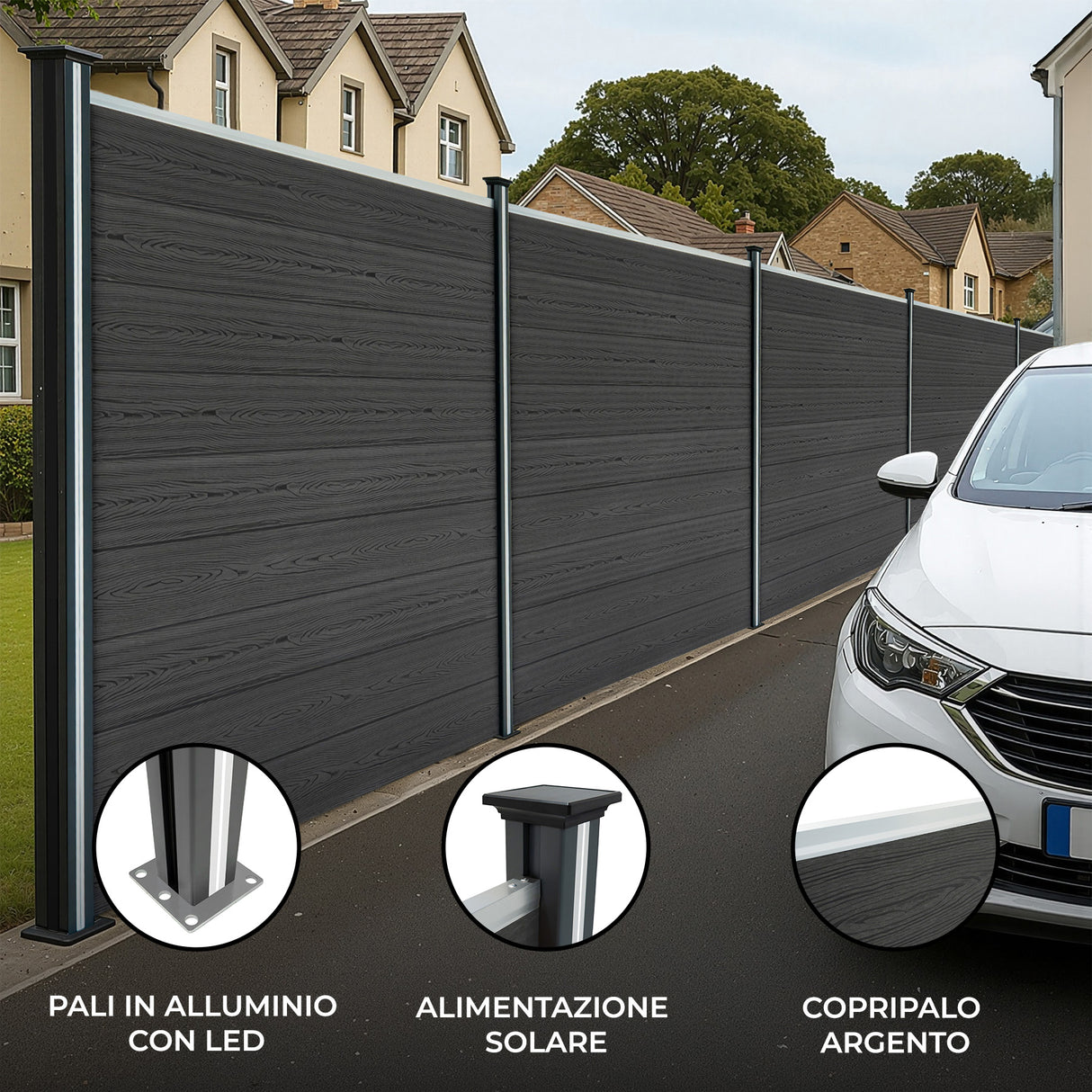 Pannelli recinzione grigi in legno, pali in alluminio con LED, design elegante e moderno, ideale per giardini e spazi esterni