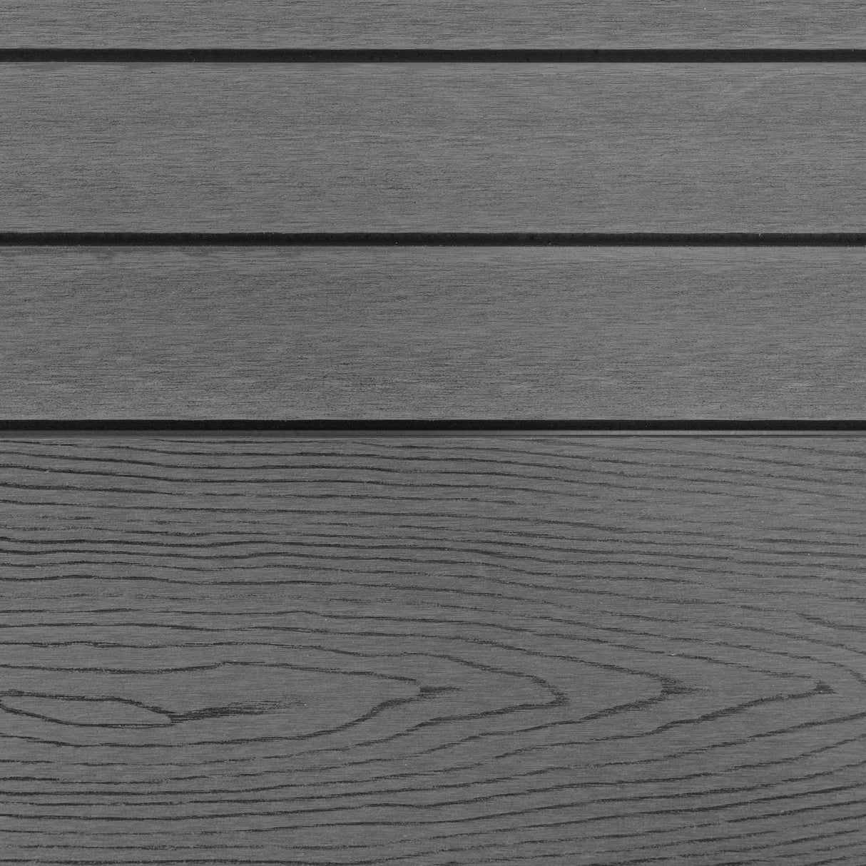 Pannelli recinzione in alluminio grigio con texture legno, presentano linee orizzontali e una finitura liscia e moderna