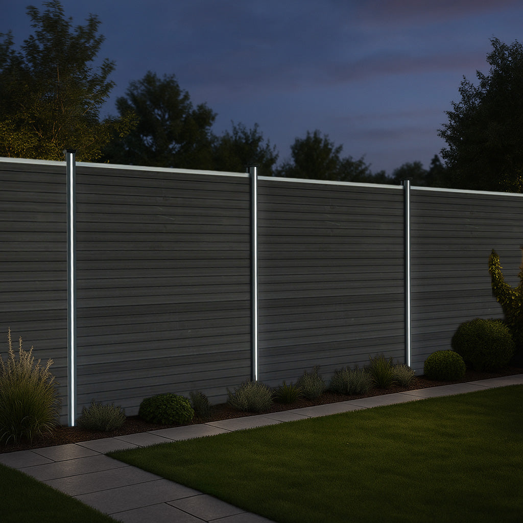 Pannelli recinzione grigi in alluminio con pali LED, illuminazione elegante per giardini, texture liscia e design moderno