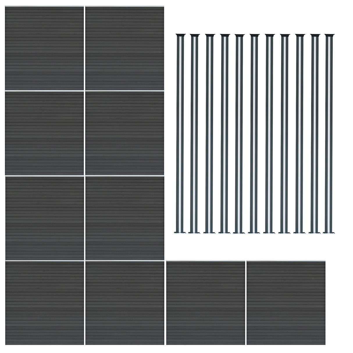 Pannelli recinzione grigi in alluminio con texture lineare, accompagnati da pali LED sottili e eleganti, ideali per esterni