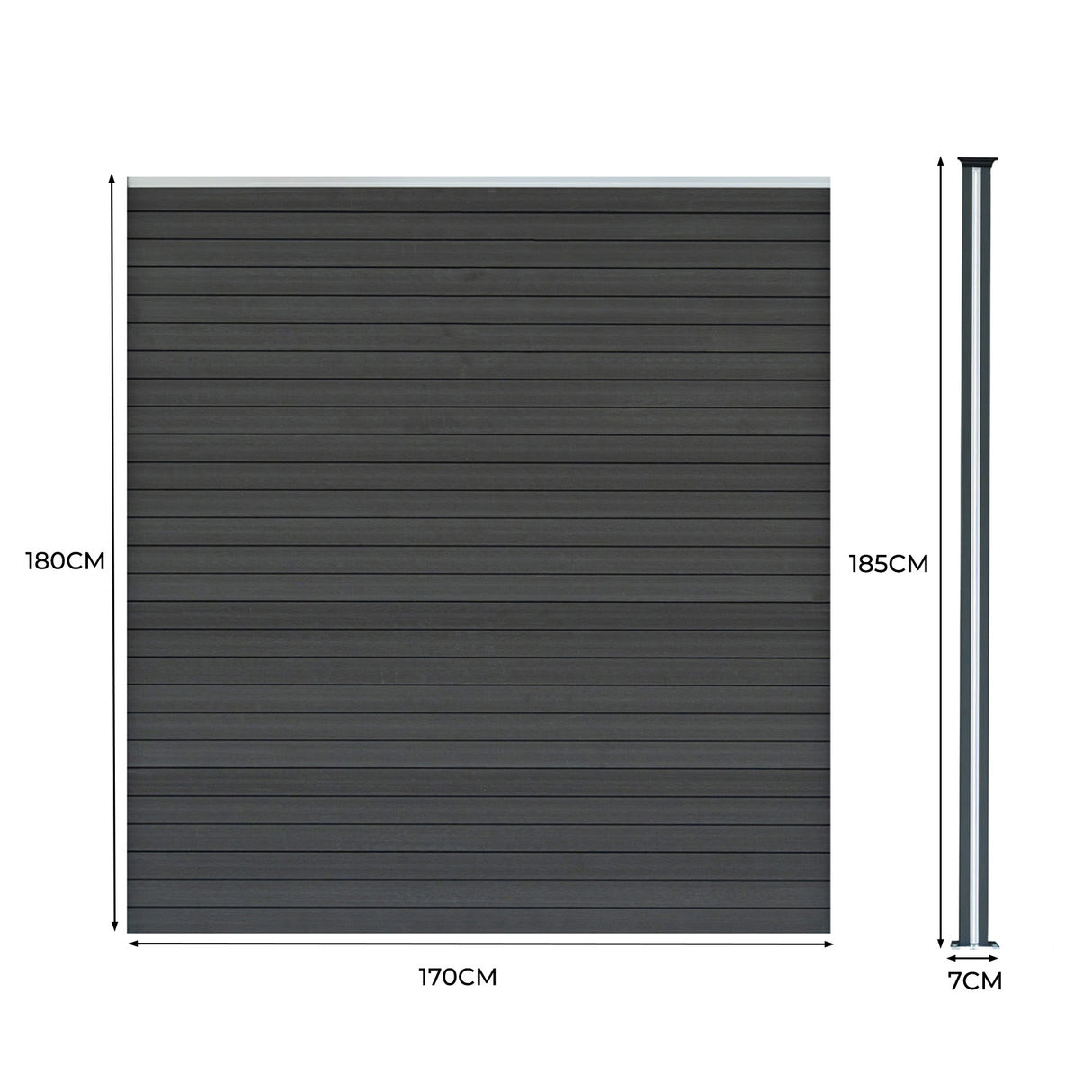 Pannelli di recinzione grigi in alluminio, con pali LED, misure 170x180 cm, superficie liscia e moderna, ideale per esterni