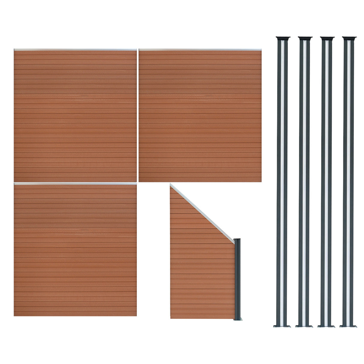 Pannelli recinzione marroni in legno, elemento angolare e quattro pali metallici, design elegante e moderno per esterni