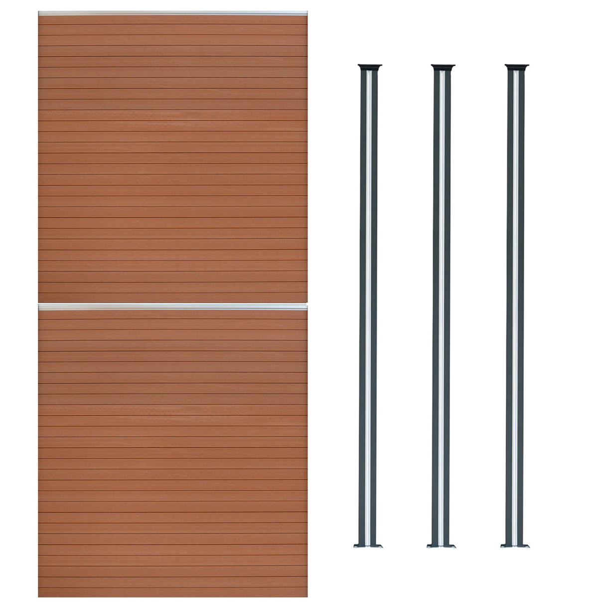Pannelli recinzione marroni in alluminio con texture lineare, accompagnati da tre pali LED neri, eleganti e resistenti