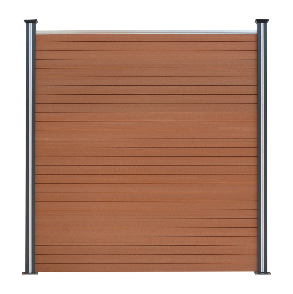 Pannelli recinzione in alluminio marrone con texture a listelli, supportati da pali metallici neri, per un design elegante e moderno