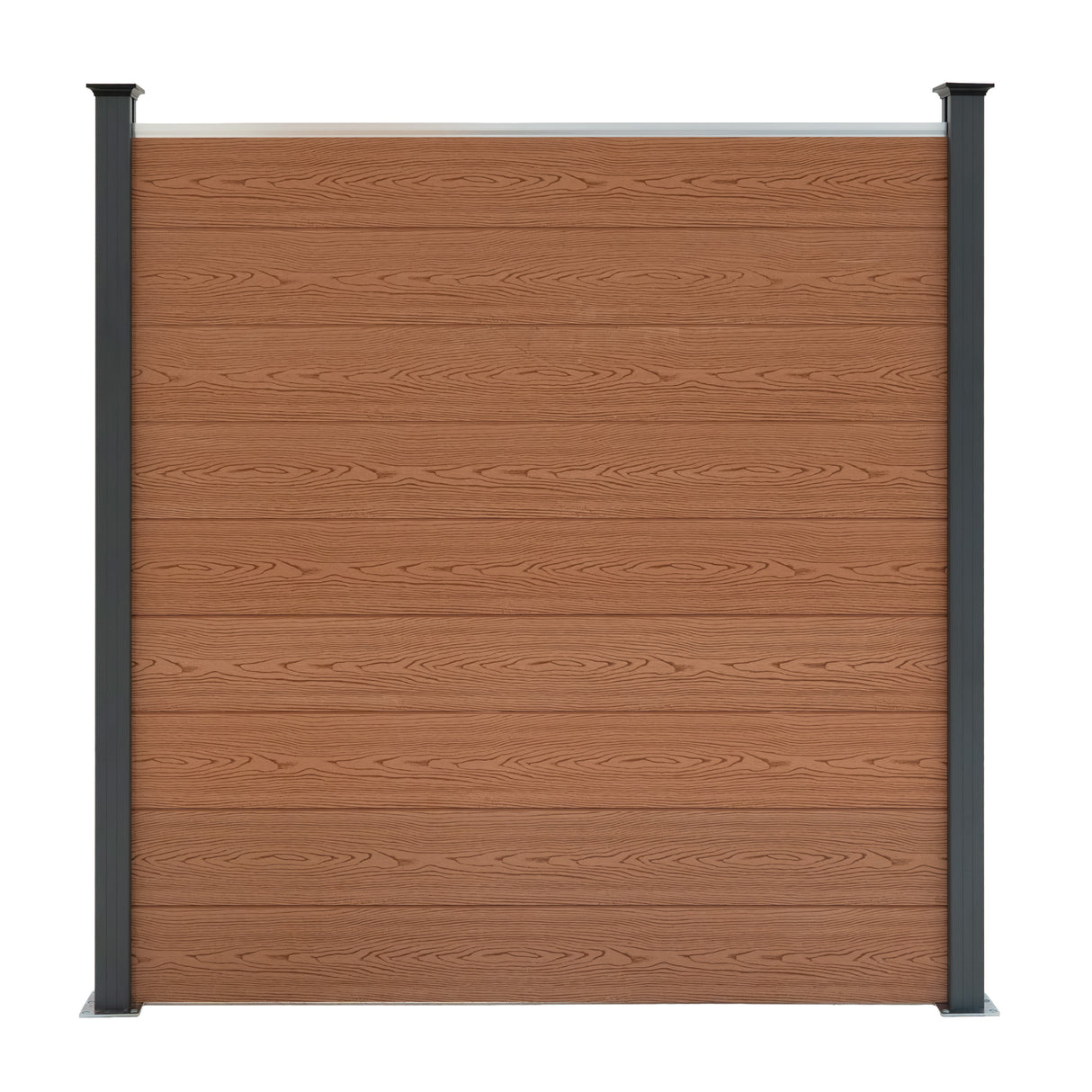 Pannelli recinzione in alluminio marrone con texture legno, supportati da pali neri, ideali per spazi esterni eleganti e moderni