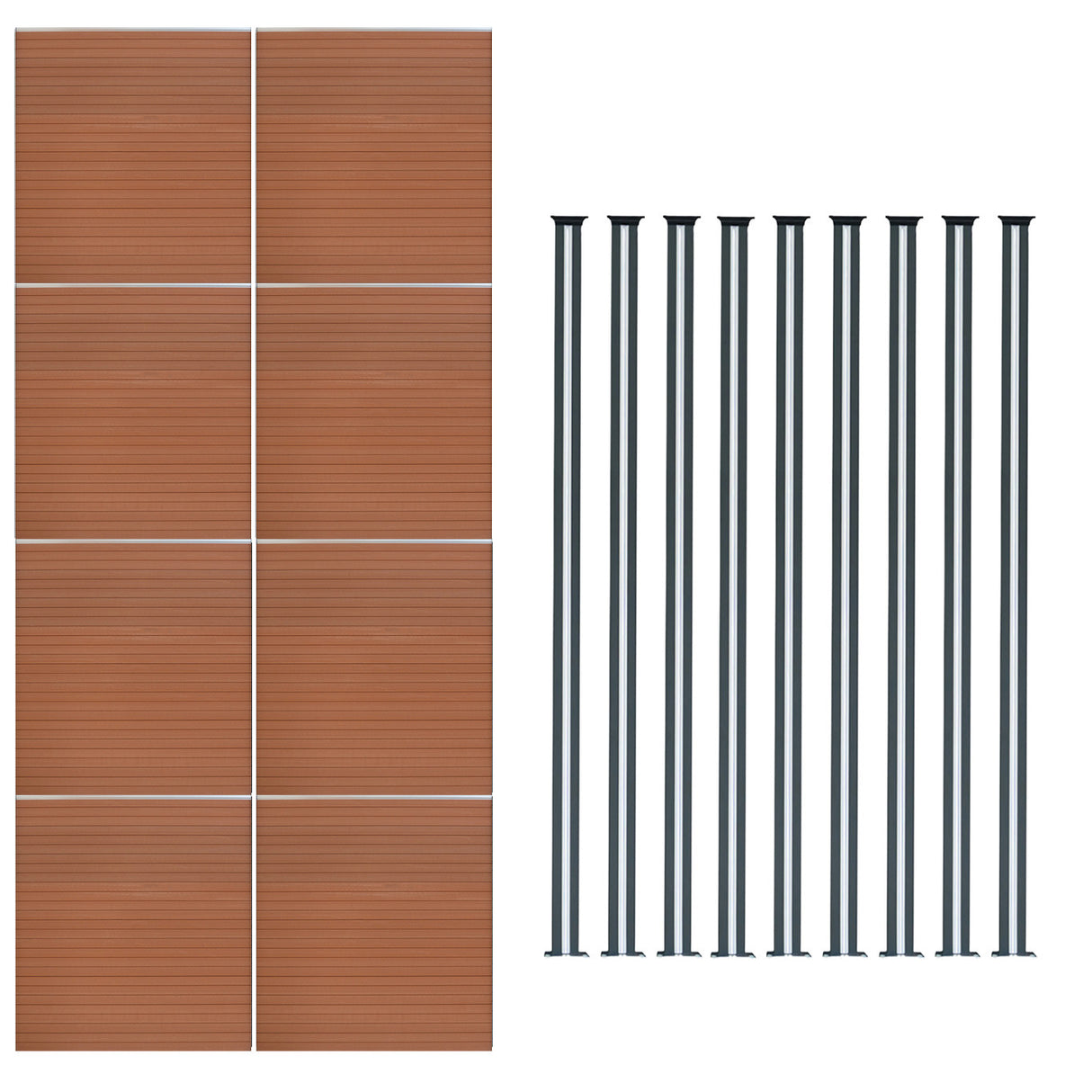 Pannelli recinzione marroni in alluminio con texture legno, accompagnati da pali LED neri, perfetti per esterni eleganti