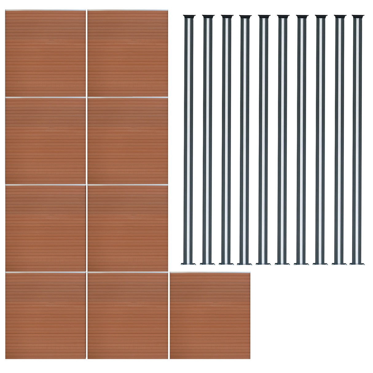 Pannelli recinzione in alluminio marrone con texture legno e pali LED neri, ideali per giardini e spazi esterni eleganti