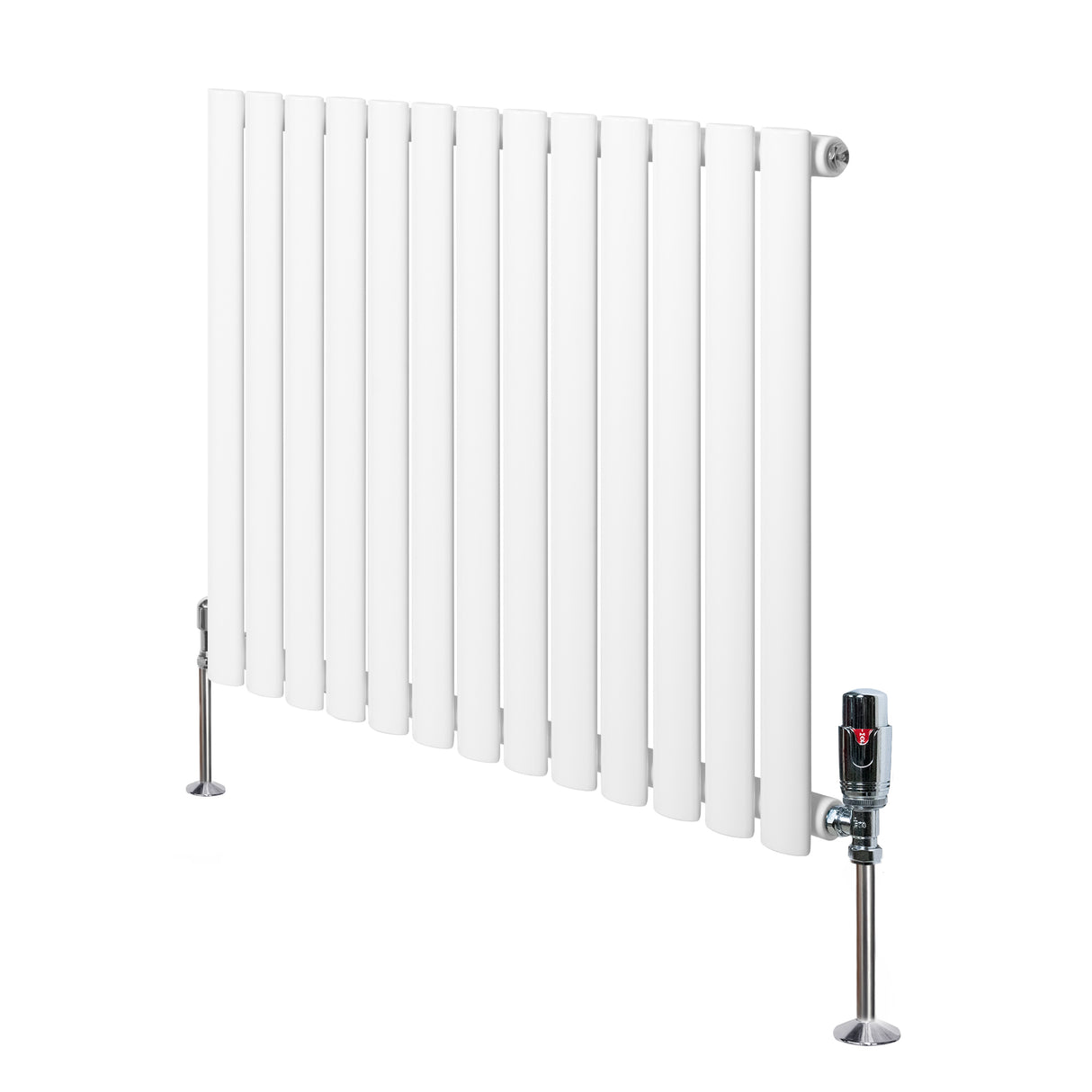 Radiatore ovale a colonna singola orizzontale bianco, con finitura liscia, valvole cromate e supporti metallici lucidi, dimensioni 600 x 780 mm