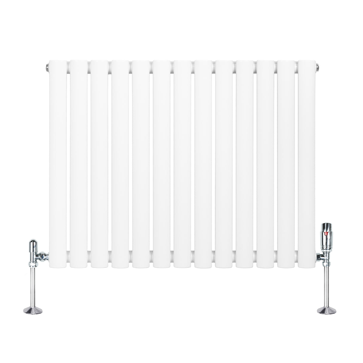 Radiatore ovale a colonna singola orizzontale bianco, con finitura liscia e valvole cromate, dimensioni 600 x 780 mm